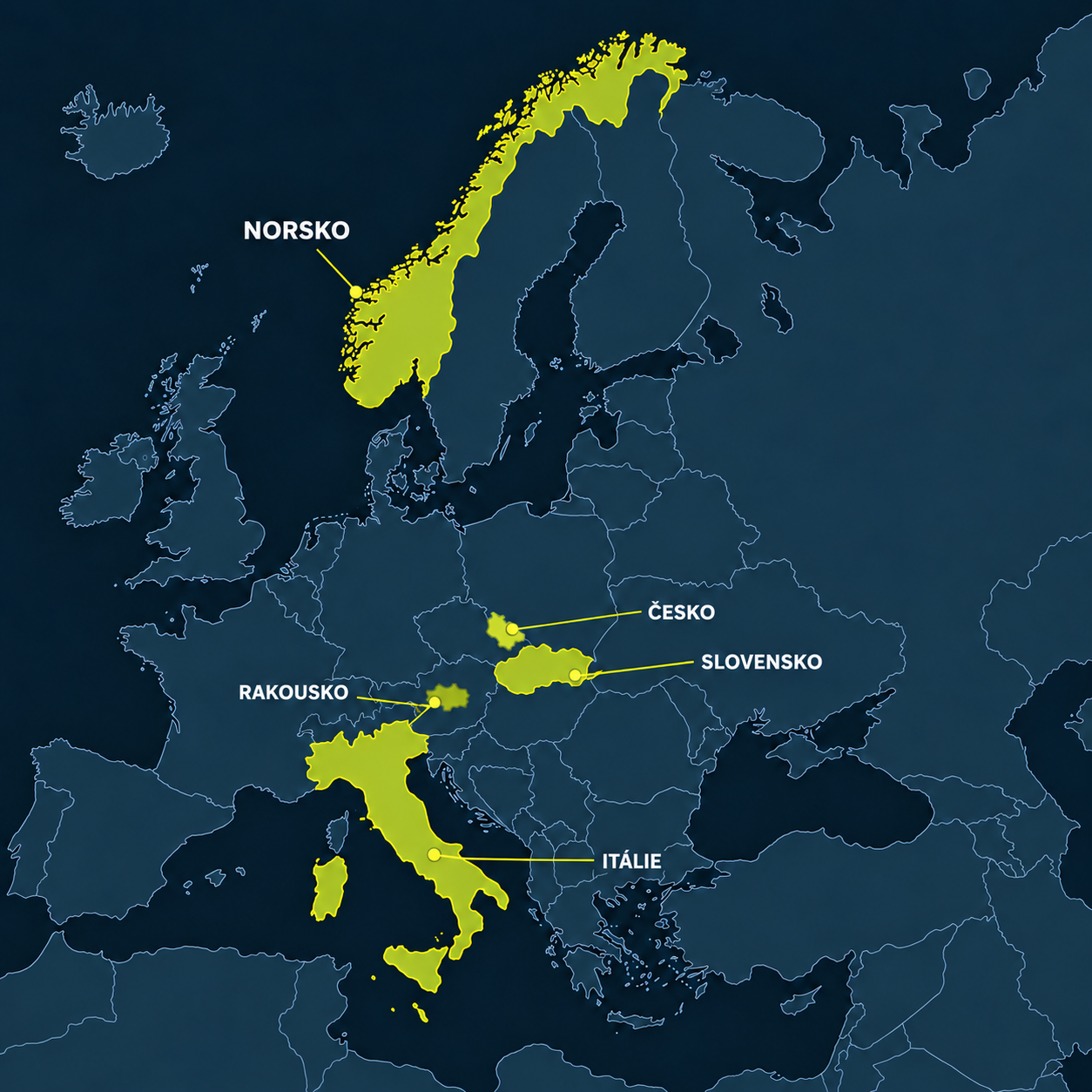 Ilustrační mapa Evropy se zvýrazněným Norskem, Slovenskem a Itálií včetně Sicílie a Sardinie, Moravskoslezským krajem v Česku a oblastí Dachsteinu a Grossglockneru v Rakousku.