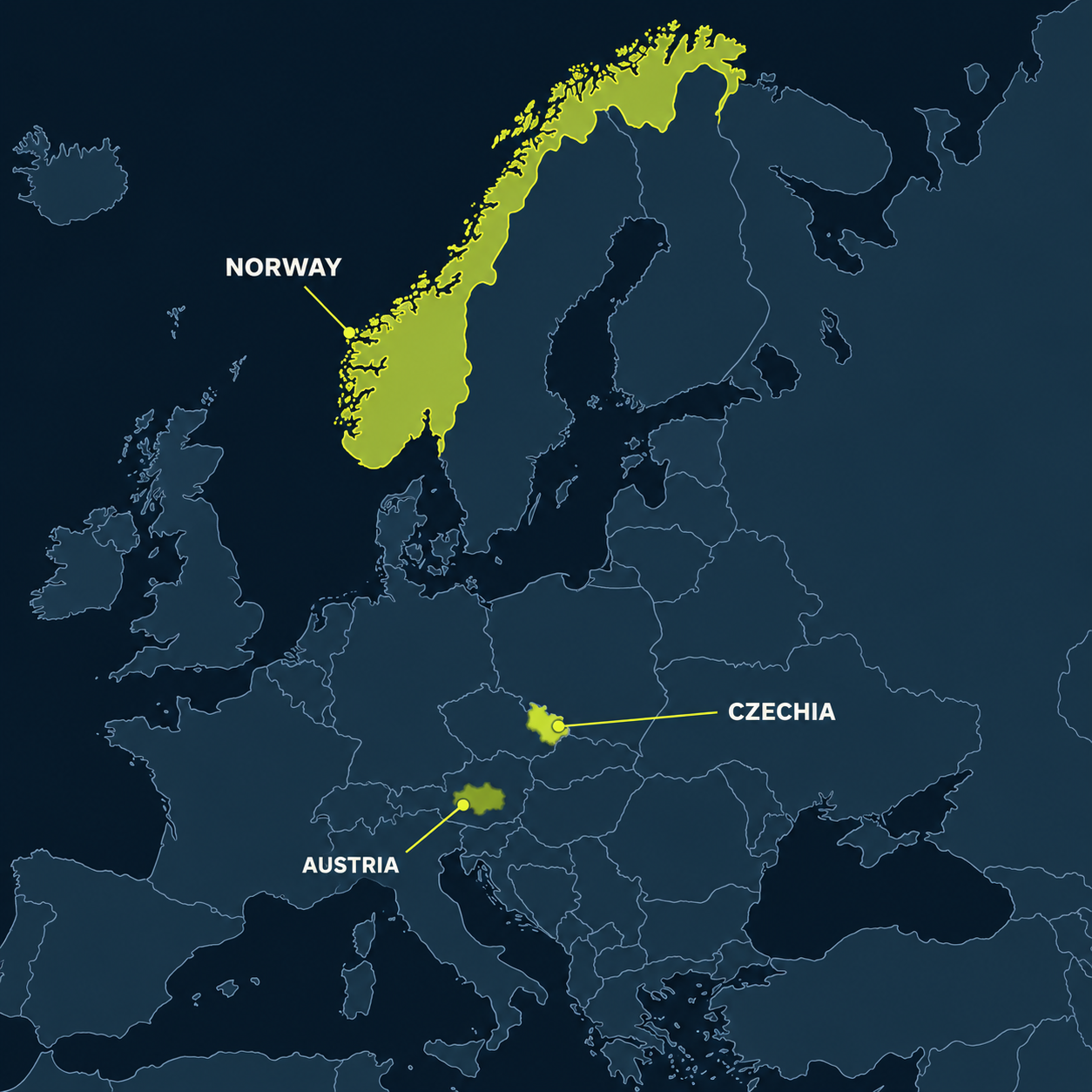 Illustrated map of Europe highlighting the Moravian-Silesian area of Czechia, the Dachstein–Grossglockner area of Austria, and Norway in lime. Regional highlights are approximate.